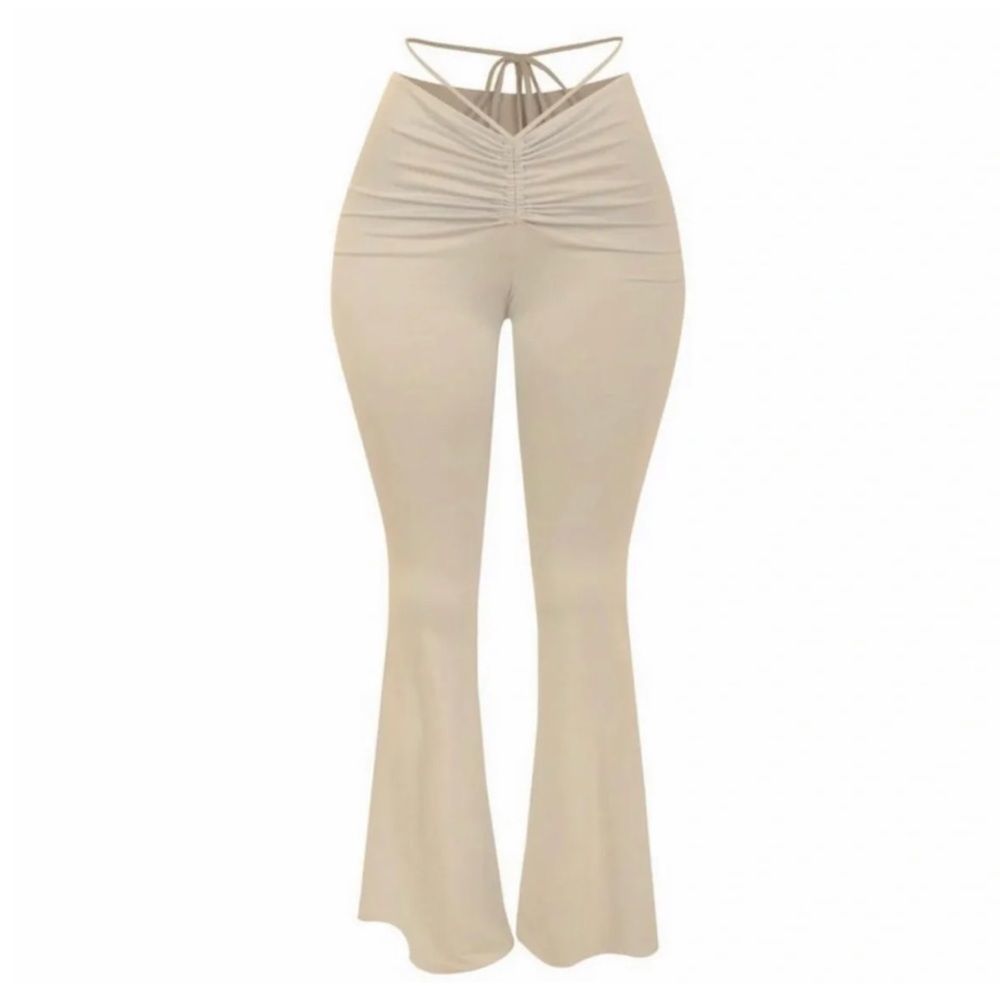 Beige Ruched High-Waist Flare Pants